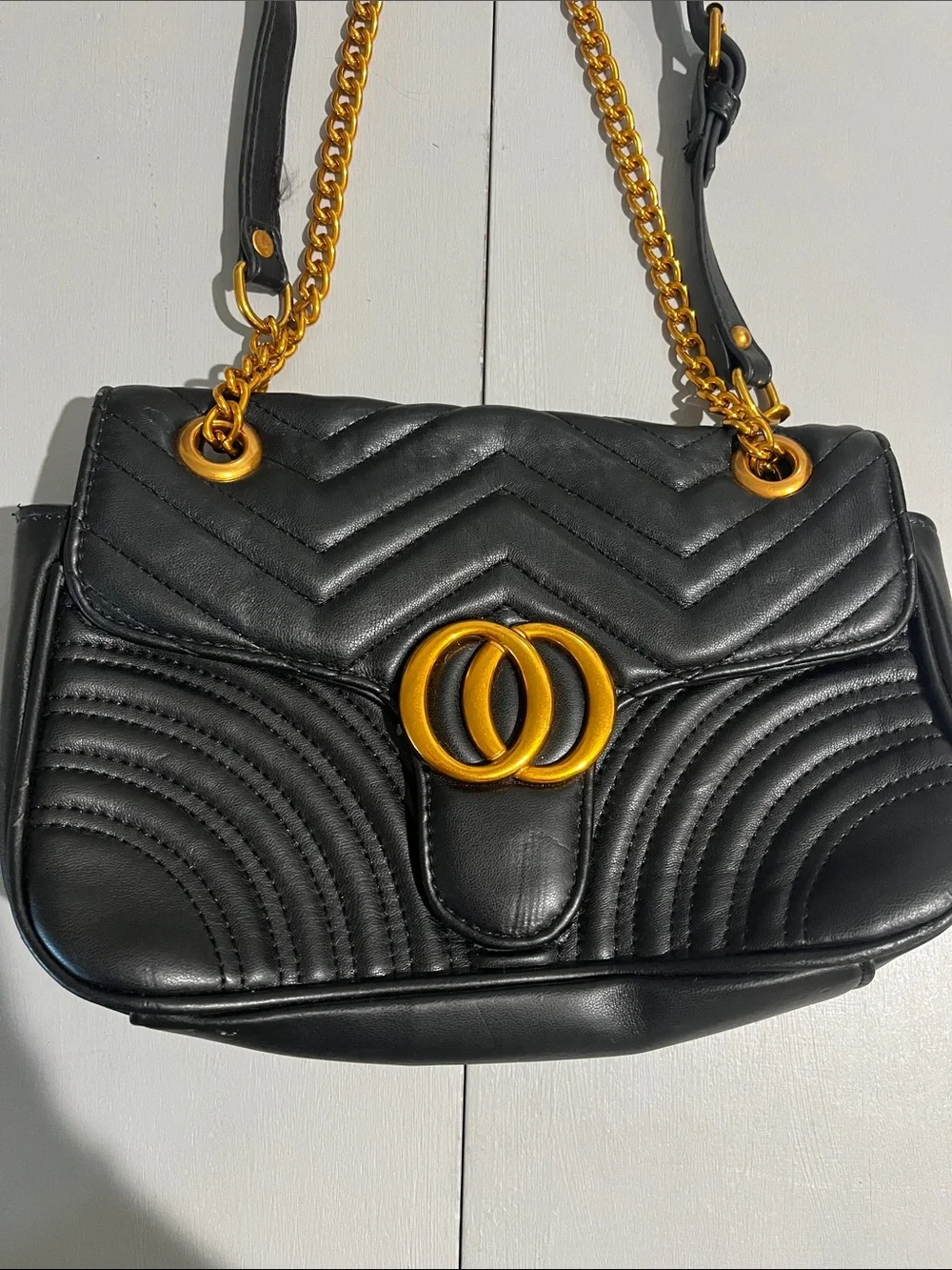 Black Quilted Chain Shoulder Bag with Gold Hardware